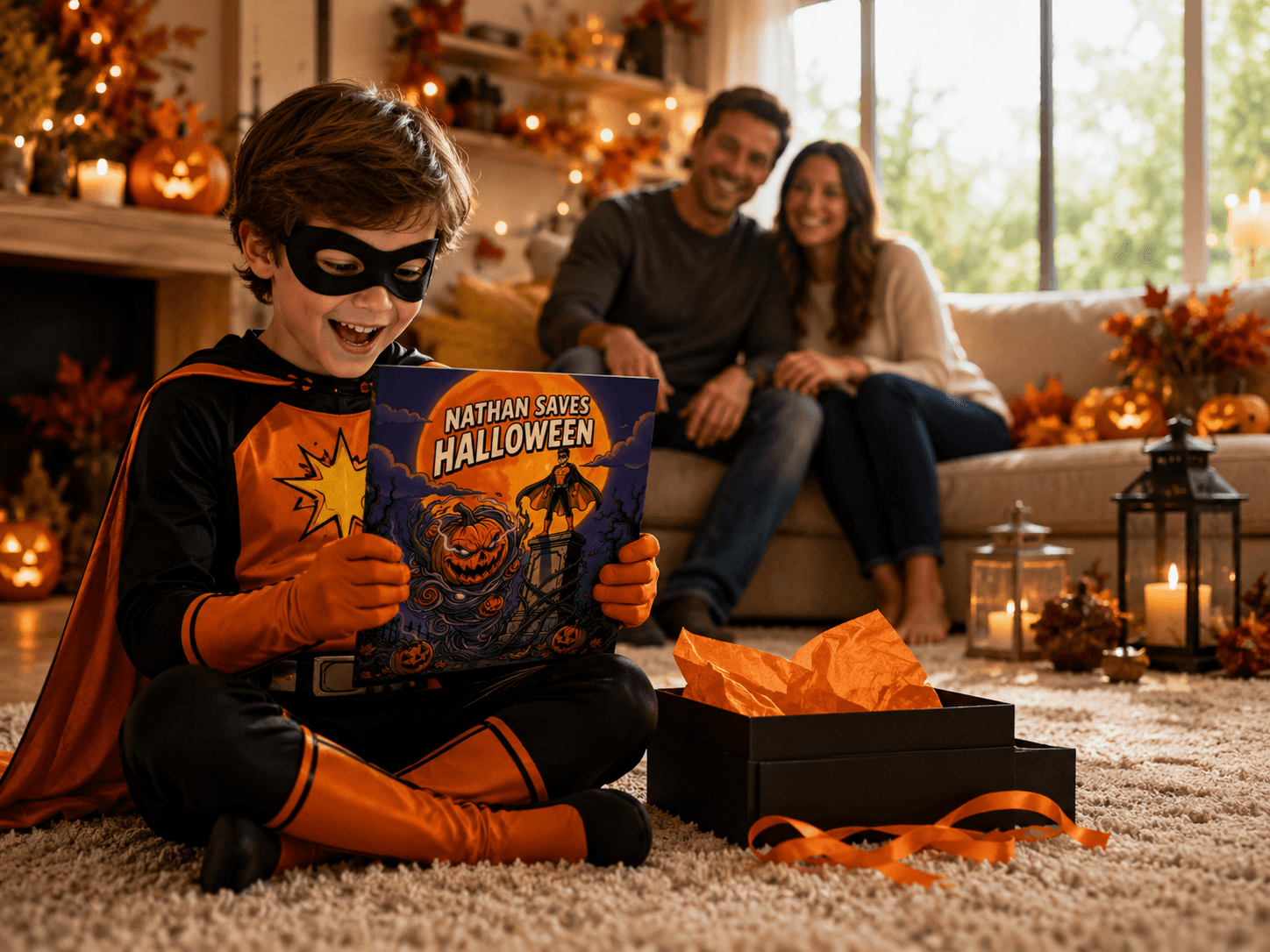 Child dressed as a Halloween hero reading a personalized comic book