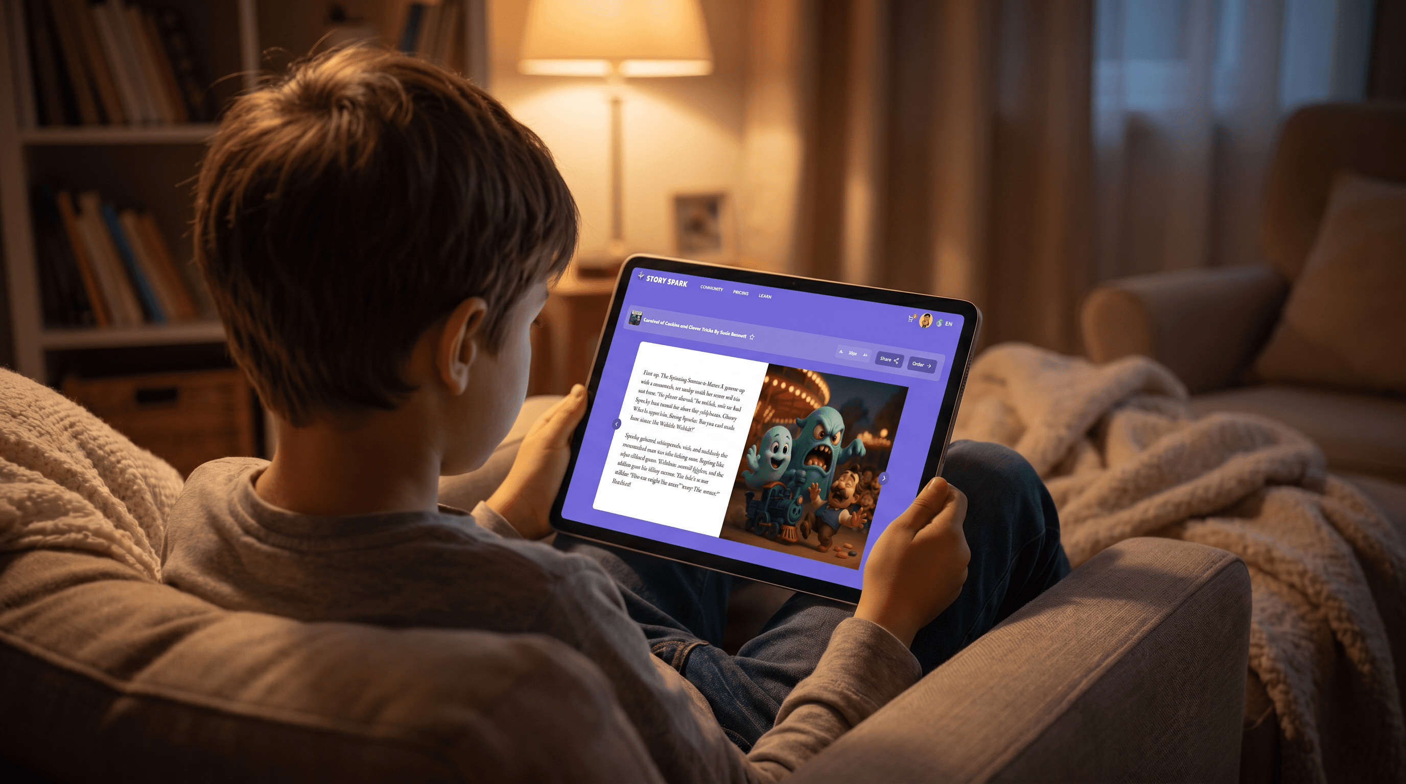 Child reading Halloween stories from the Story Spark community library