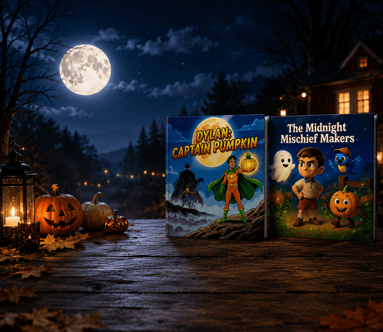 Personalized Halloween storybooks on a moonlit table