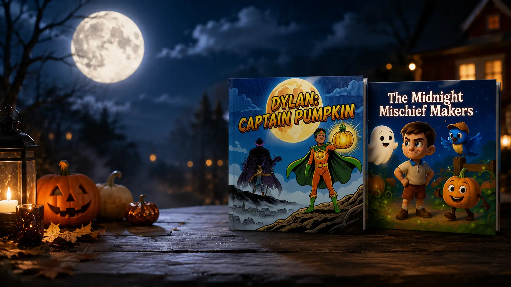Personalized Halloween storybooks on a moonlit table