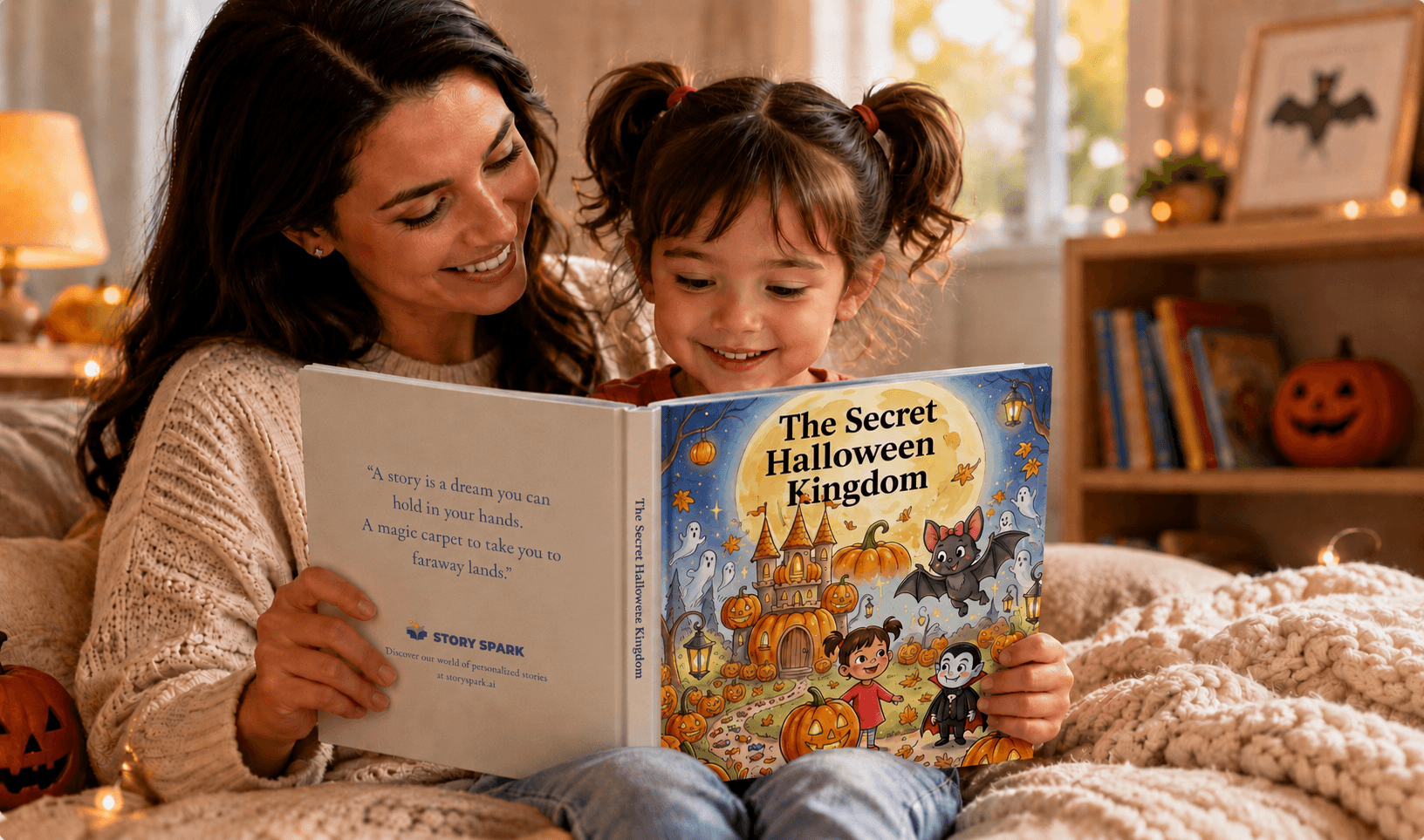 Parent and child reading a personalized Halloween storybook