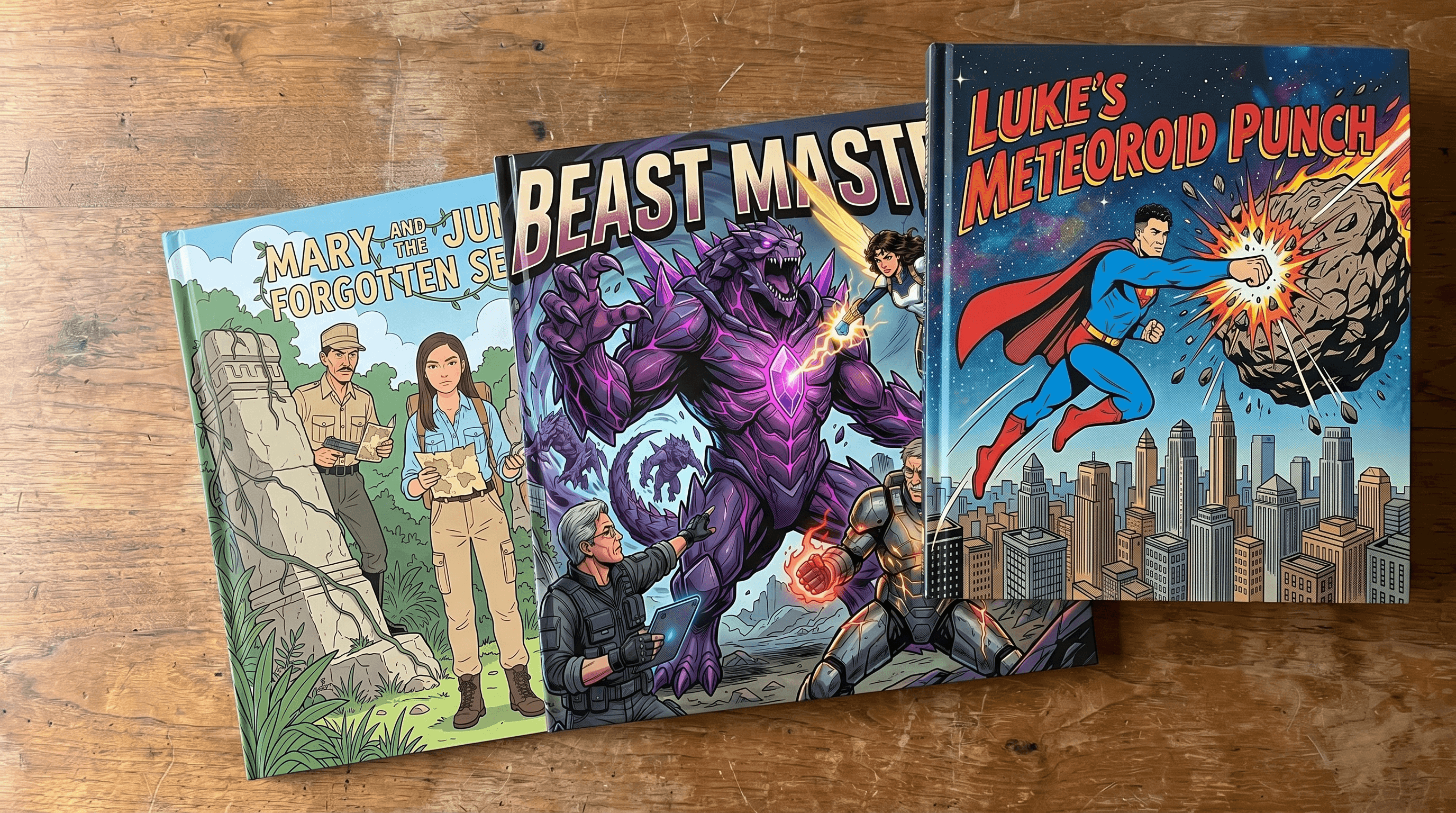 Example personalized comic book spread and cover
