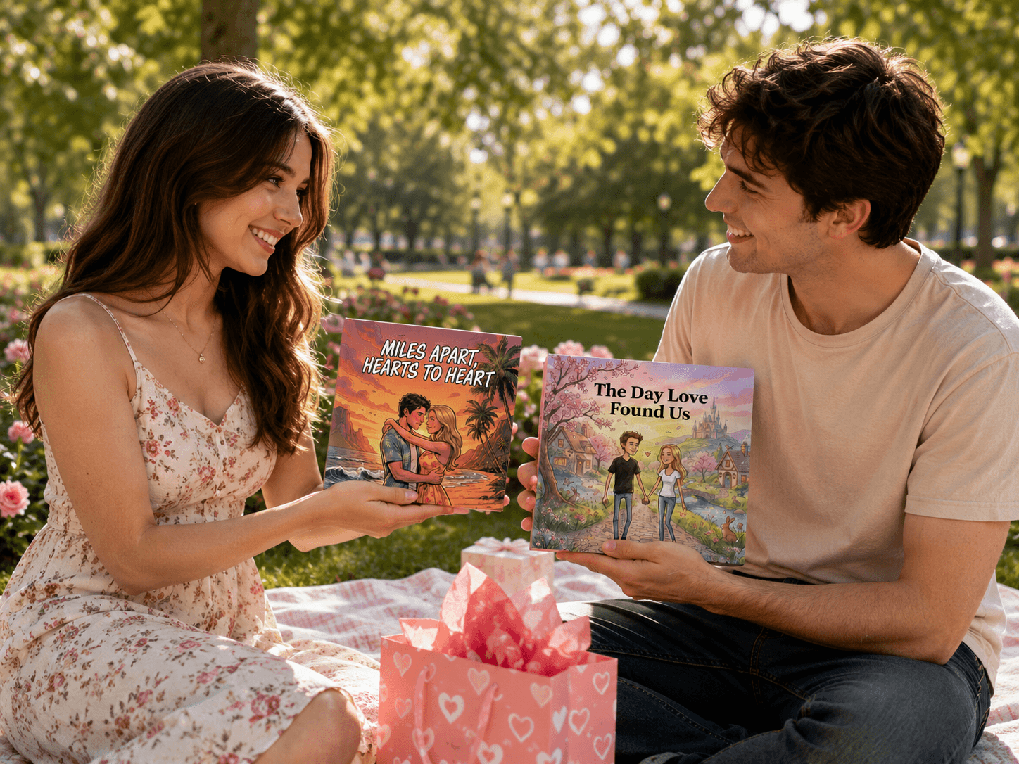Couple exchanging personalized Valentine books outdoors