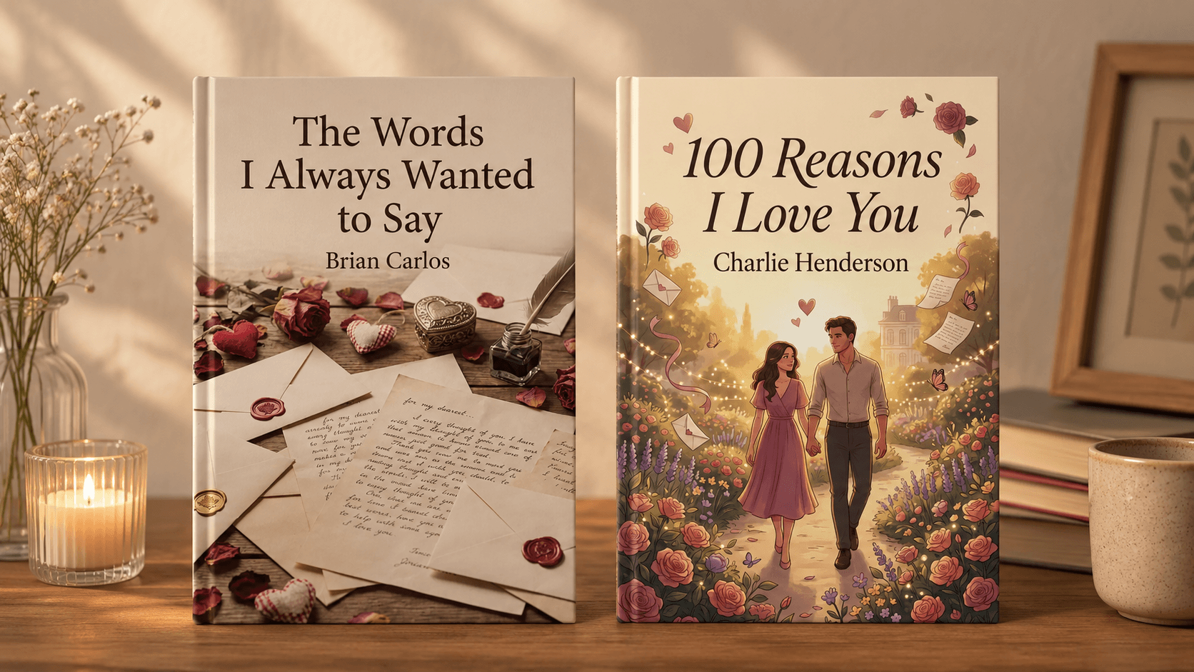 Personalized Valentine keepsake books displayed on a warm table