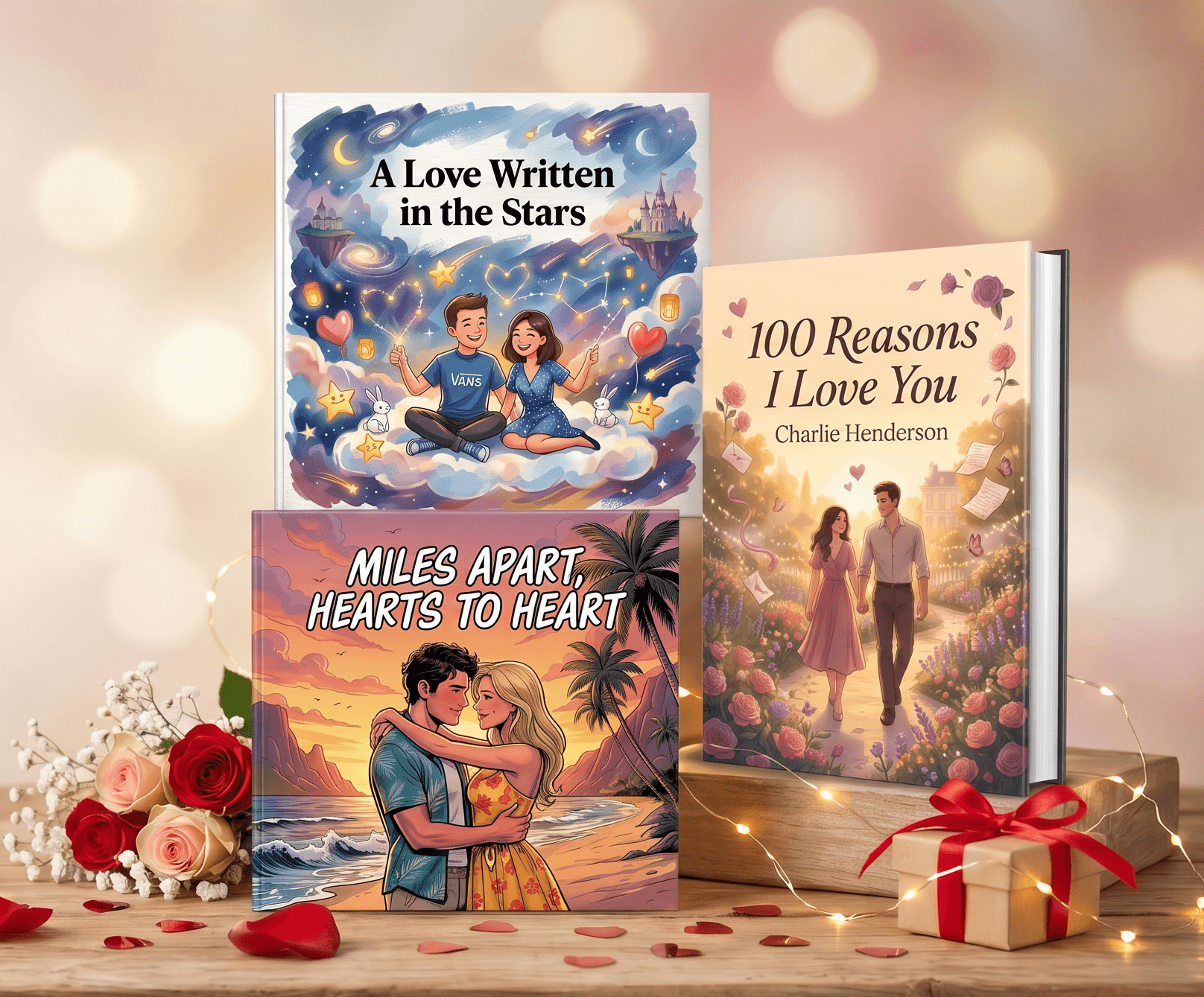 Personalized Valentine's Day books displayed on a romantic table