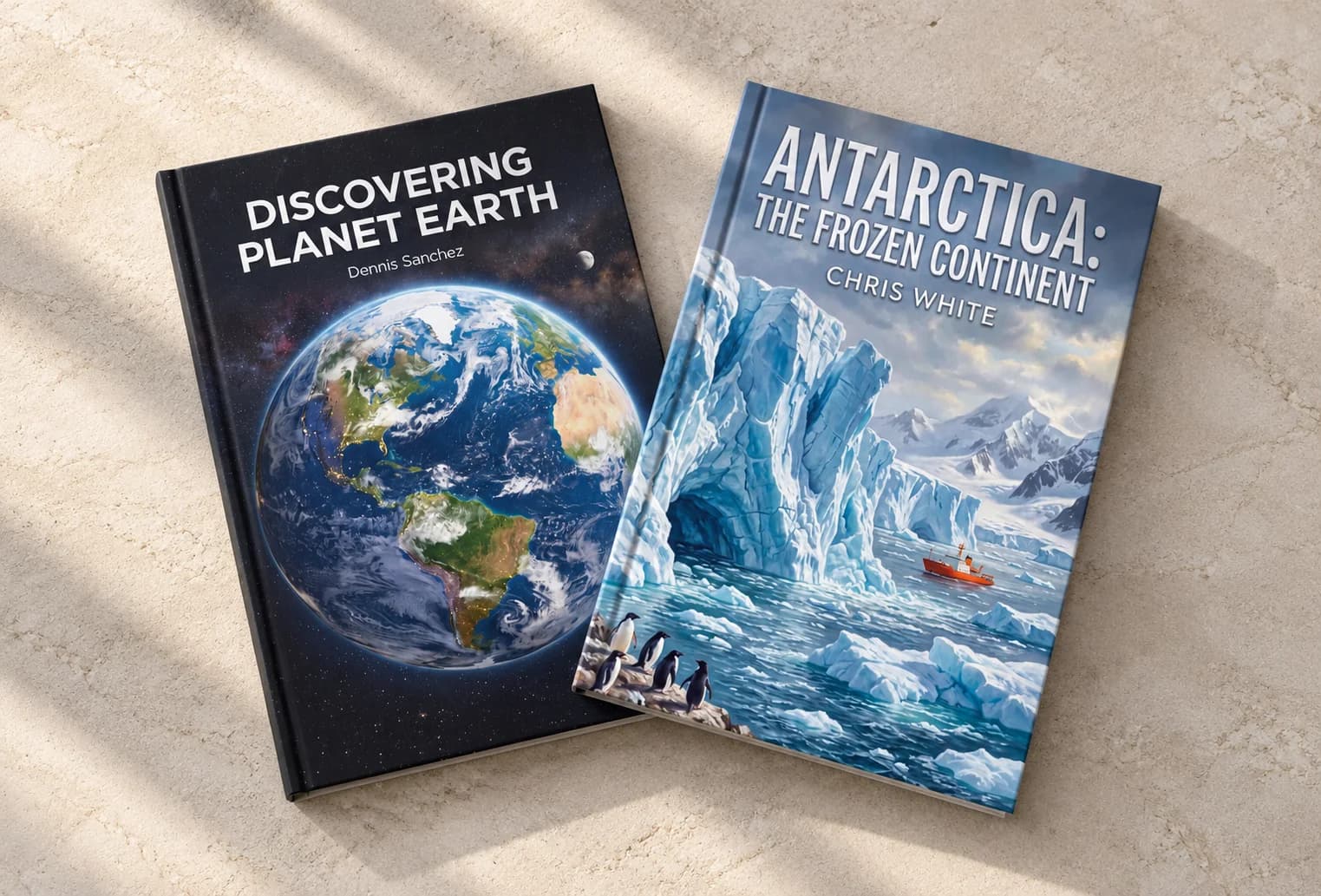 Two geography book covers showing Earth from space and an Antarctic landscape with glaciers, penguins, and a ship.