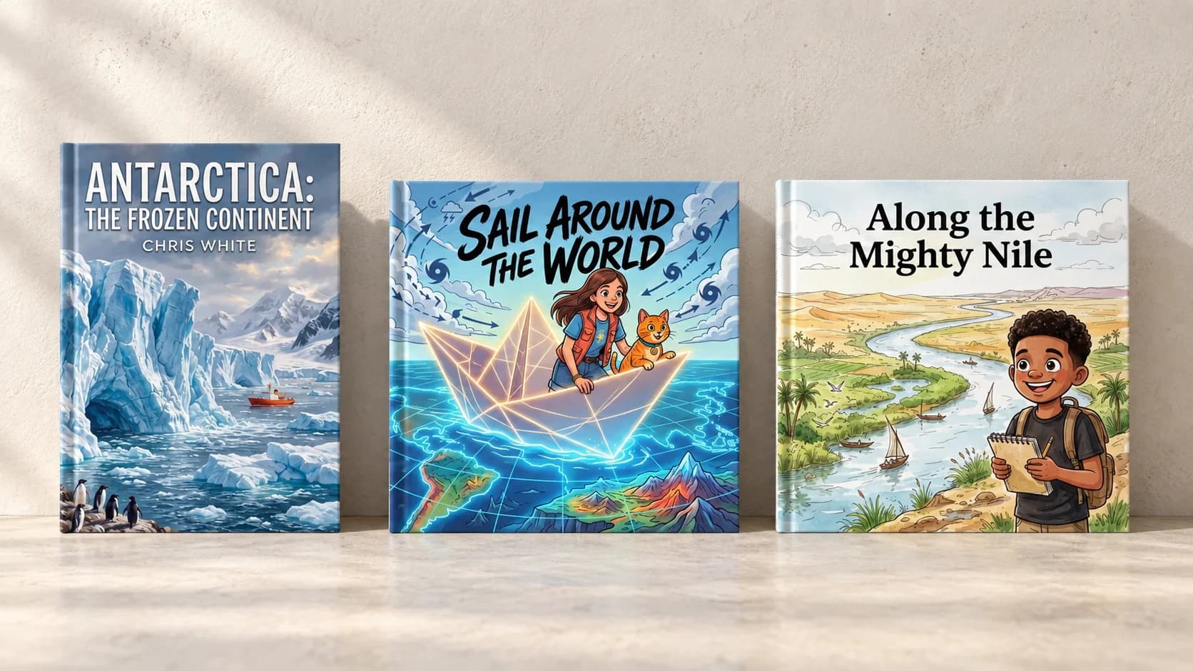 Three geography book covers showing Antarctic ice, a girl and cat in a paper boat, and a boy beside the Nile.