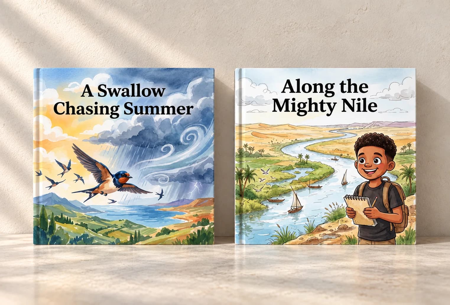Two geography storybooks showing swallows flying over a landscape and a boy with a notebook beside the Nile.