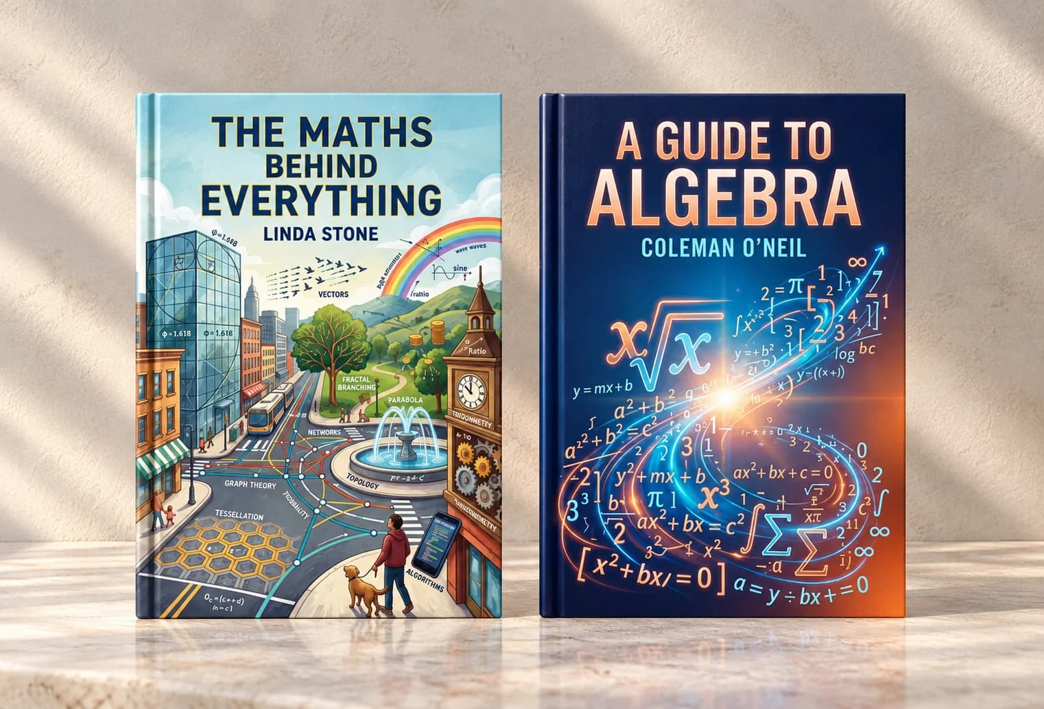 غلافا كتابي رياضيات يعرضان أنماطًا رياضية في مشهد مدينة ومعادلات جبرية مضيئة على خلفية زرقاء داكنة.