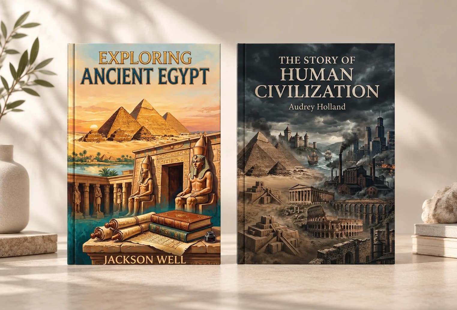 Two history book covers featuring Egyptian pyramids and temples alongside landmarks from different civilizations.