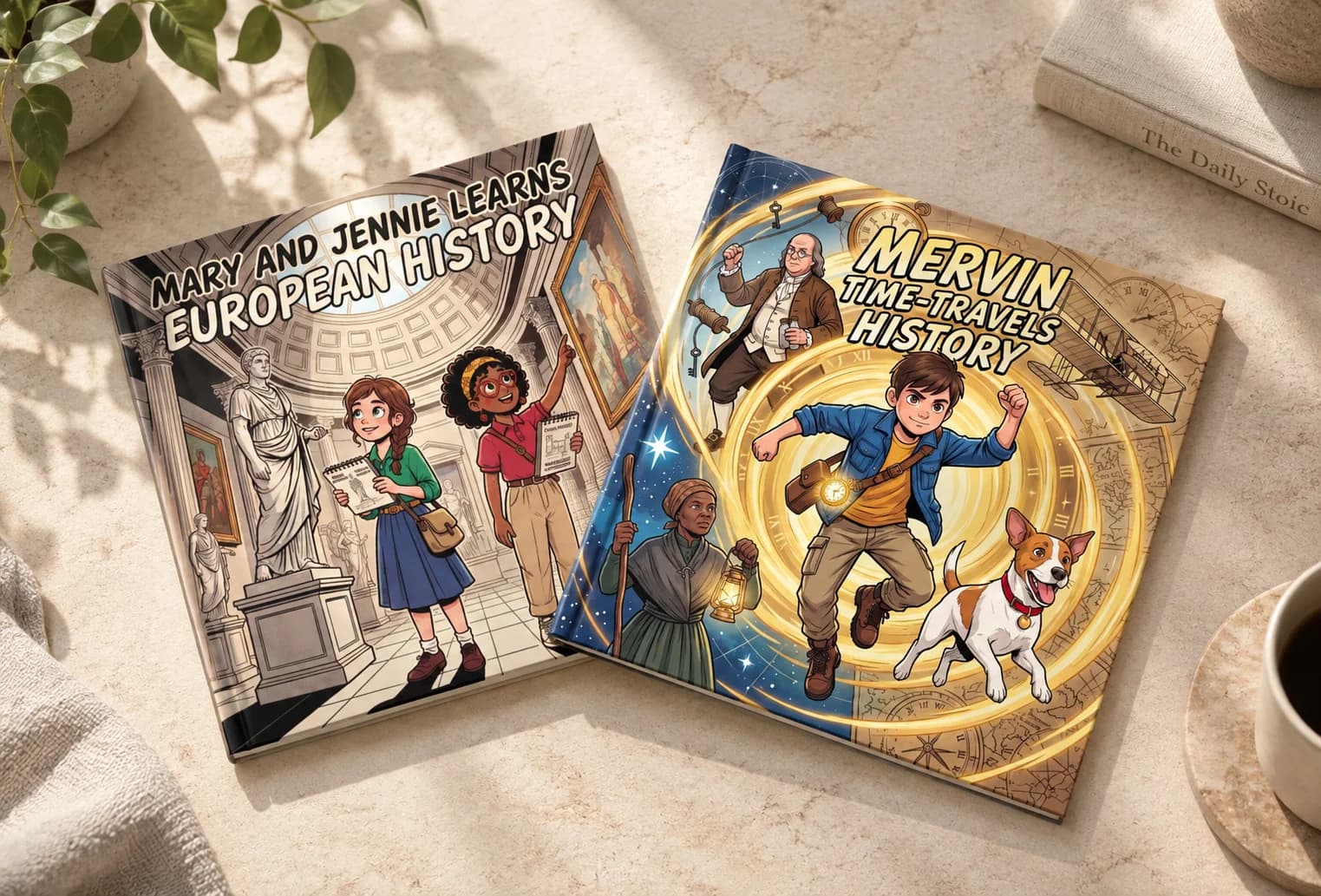 Two history comic books showing girls beside a classical statue and a boy with a dog inside a glowing time portal.