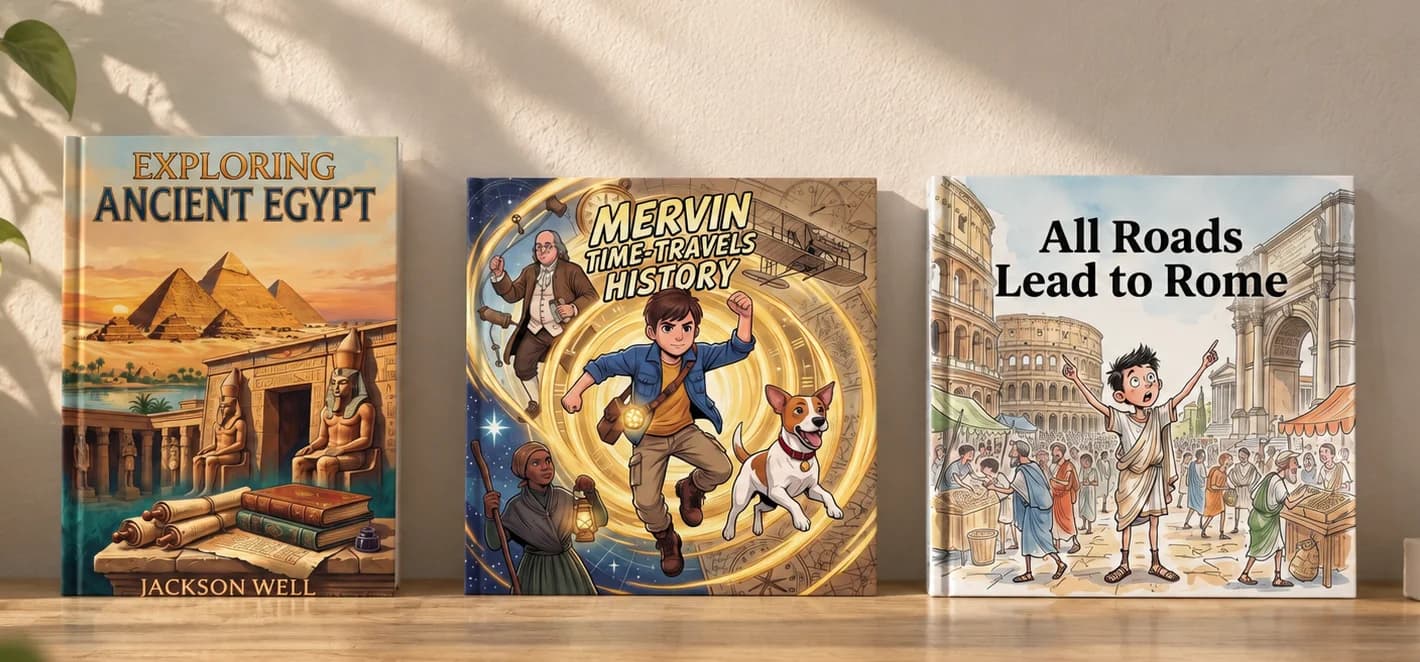 Three history book covers showing ancient Egypt, a boy and dog in a time portal, and a child in ancient Rome.