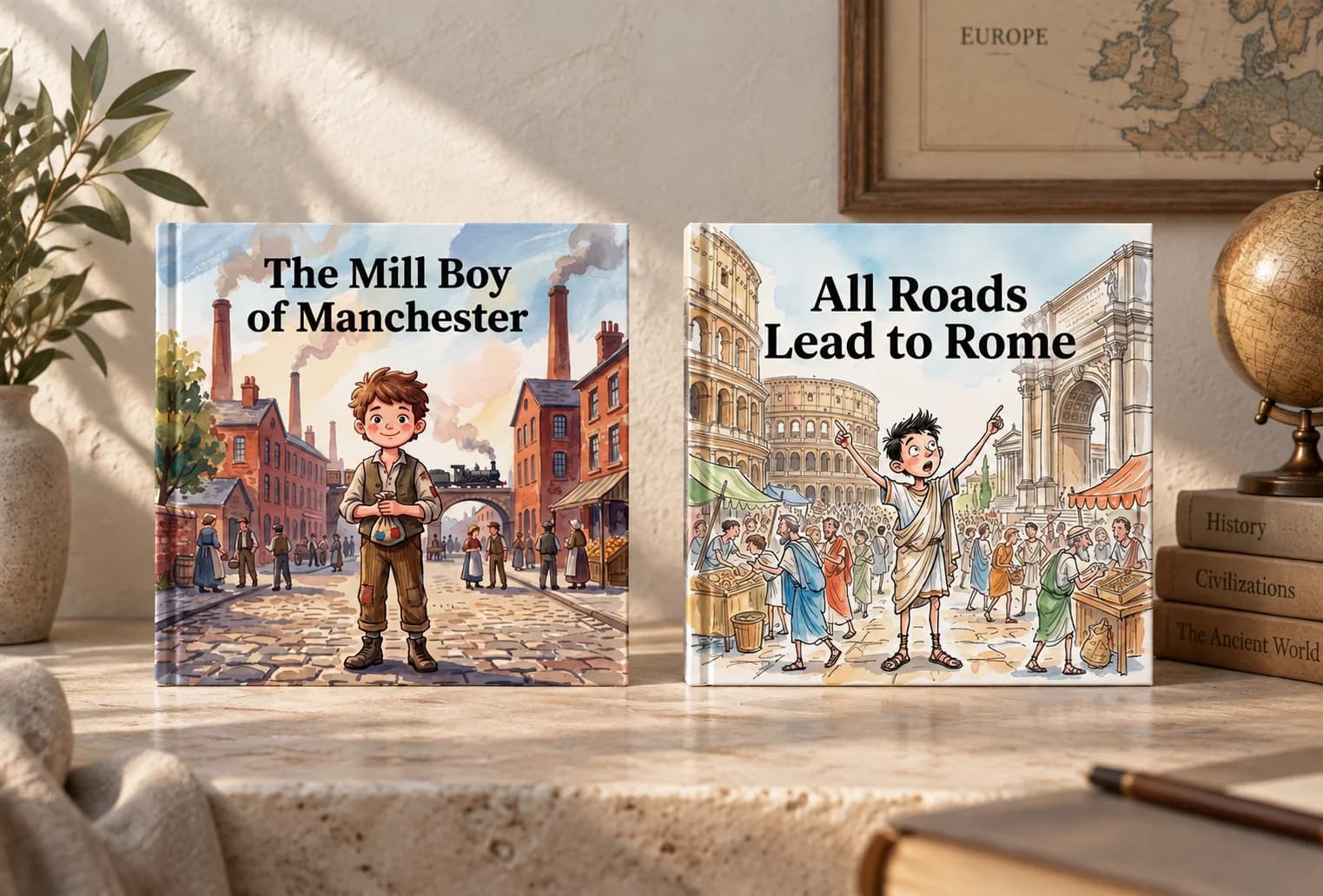 Two illustrated history storybooks with a mill boy in industrial Manchester and a child on a street in ancient Rome.