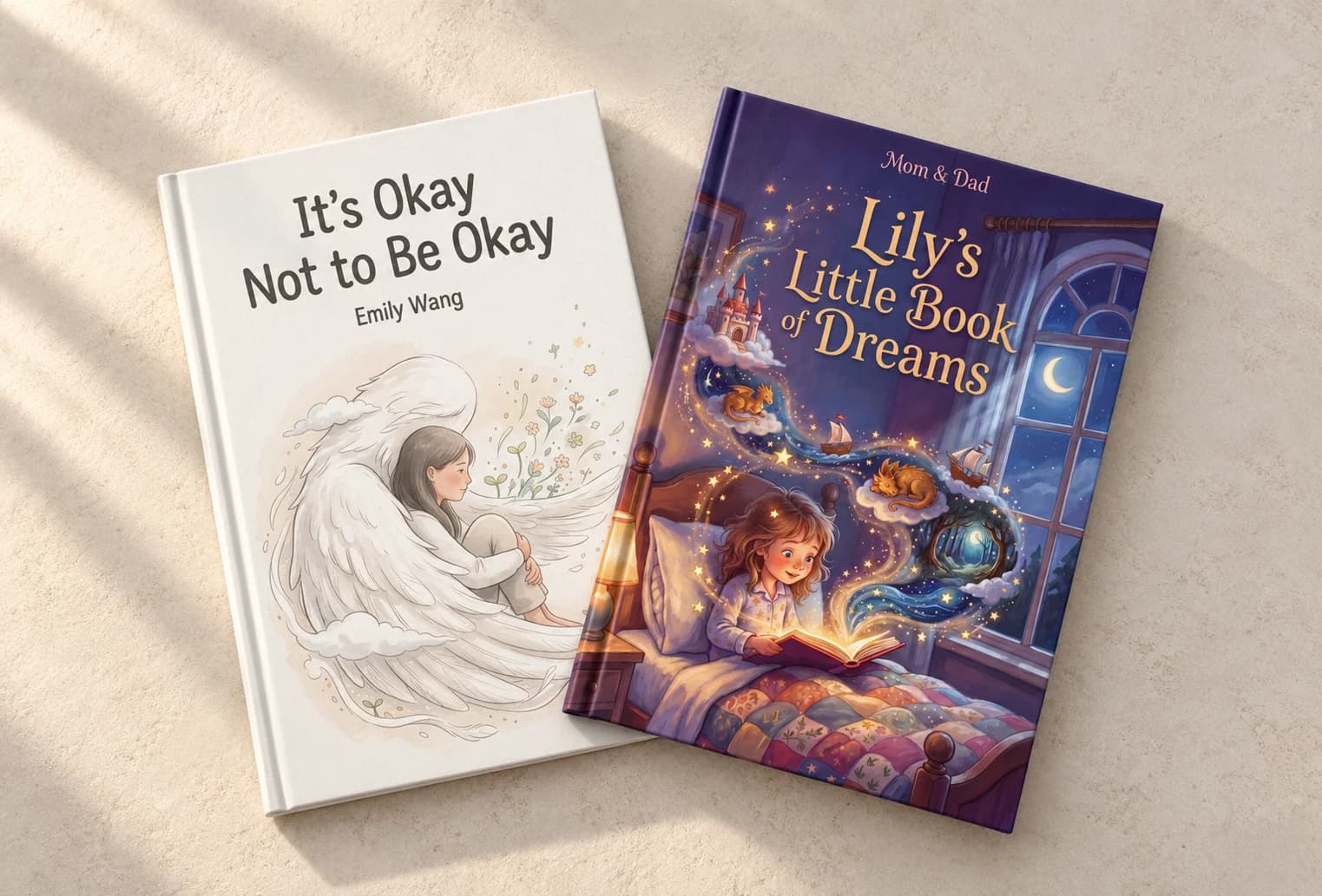 Two book covers showing a girl sheltered by white wings and a child reading in bed as dream scenes rise from her book.
