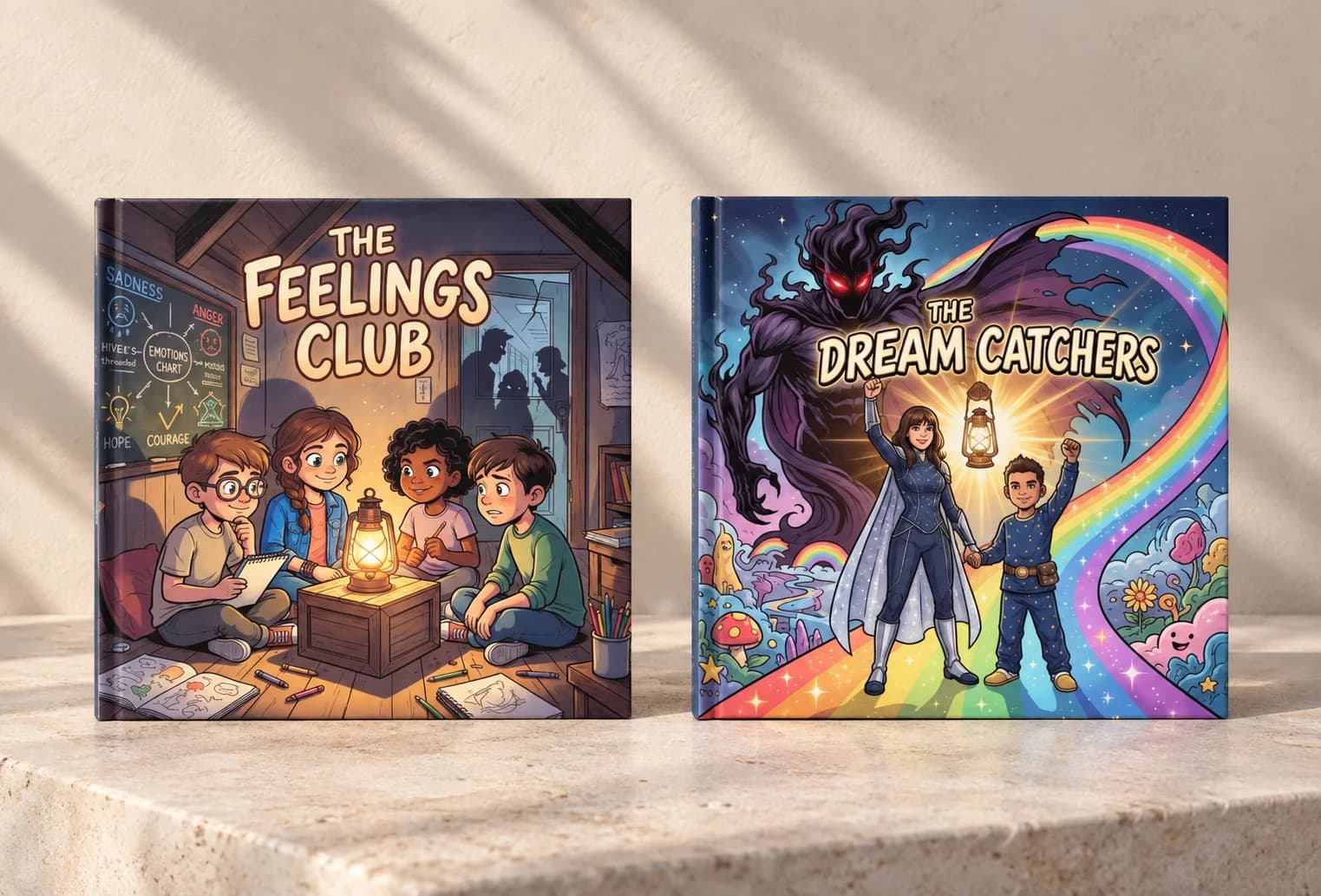 Two comic book covers showing friends around a lantern and a shadow creature behind two characters on a rainbow path.
