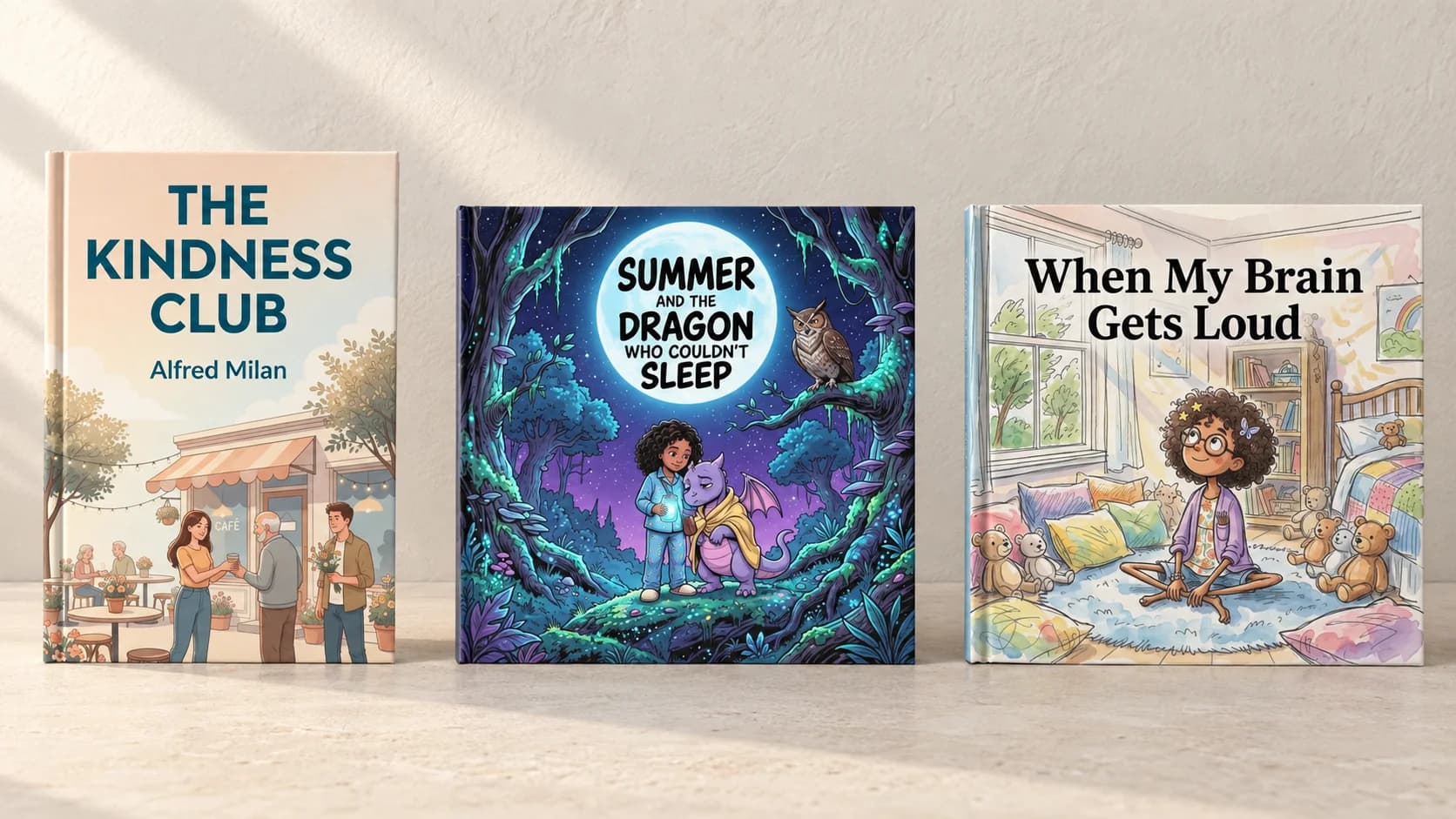 Social and emotional book covers showing people at a café, a child with a dragon, and a girl sitting among soft toys.