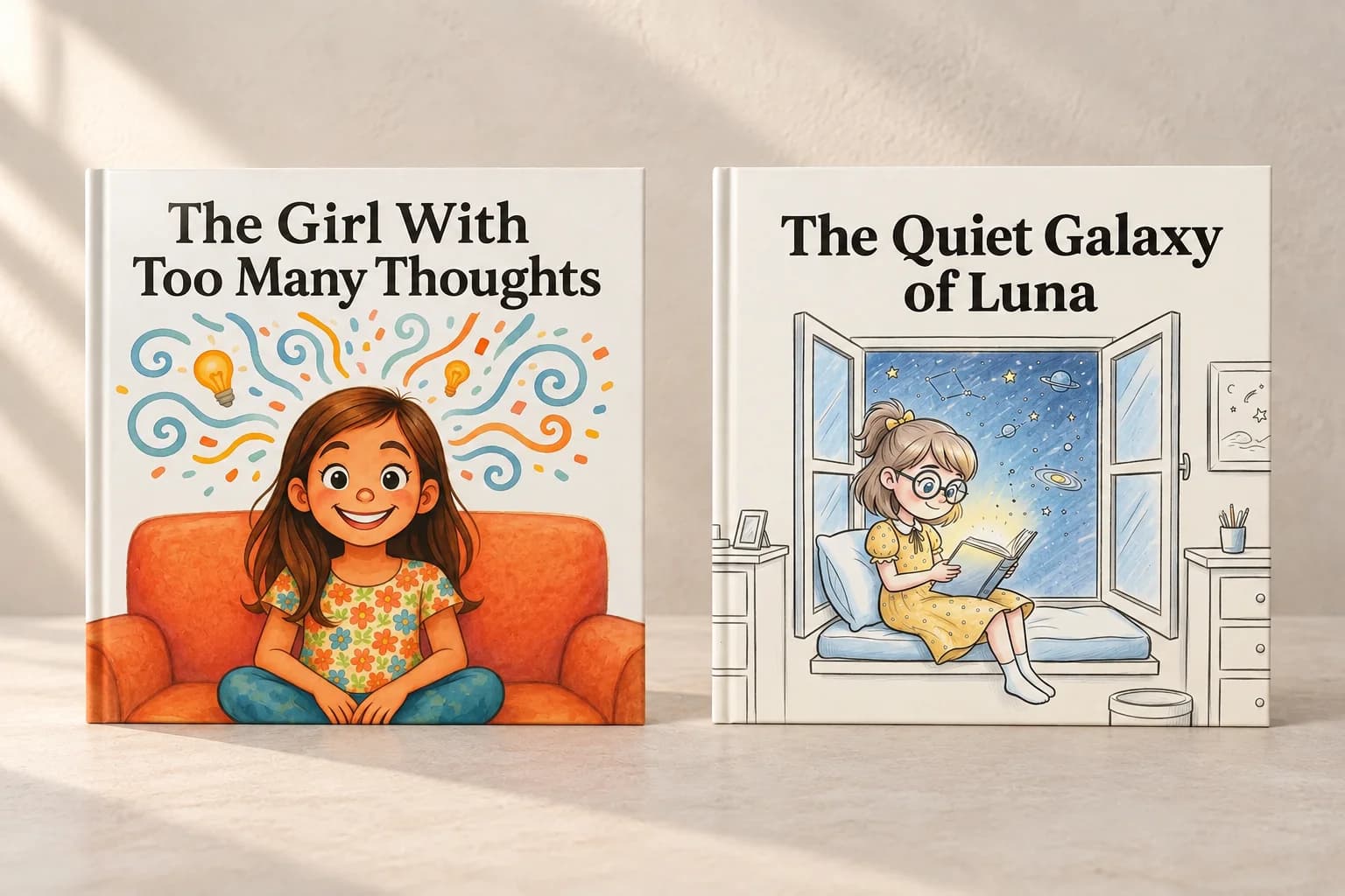 Two storybook covers showing a girl surrounded by colorful thought swirls and another reading beside a window under a starry sky.