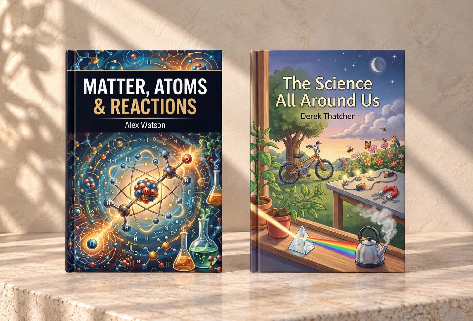 Science book covers showing atoms, laboratory glassware, and experiments with prisms and magnets.