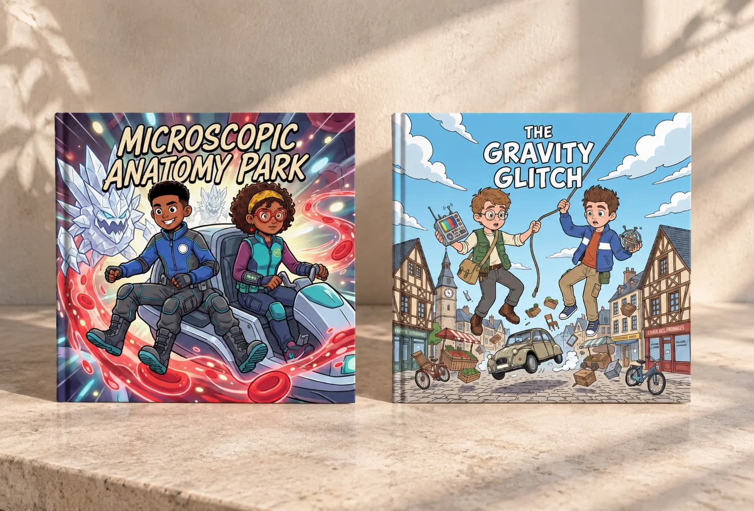 Comic book covers showing a microscopic adventure inside the body and children floating above a city.