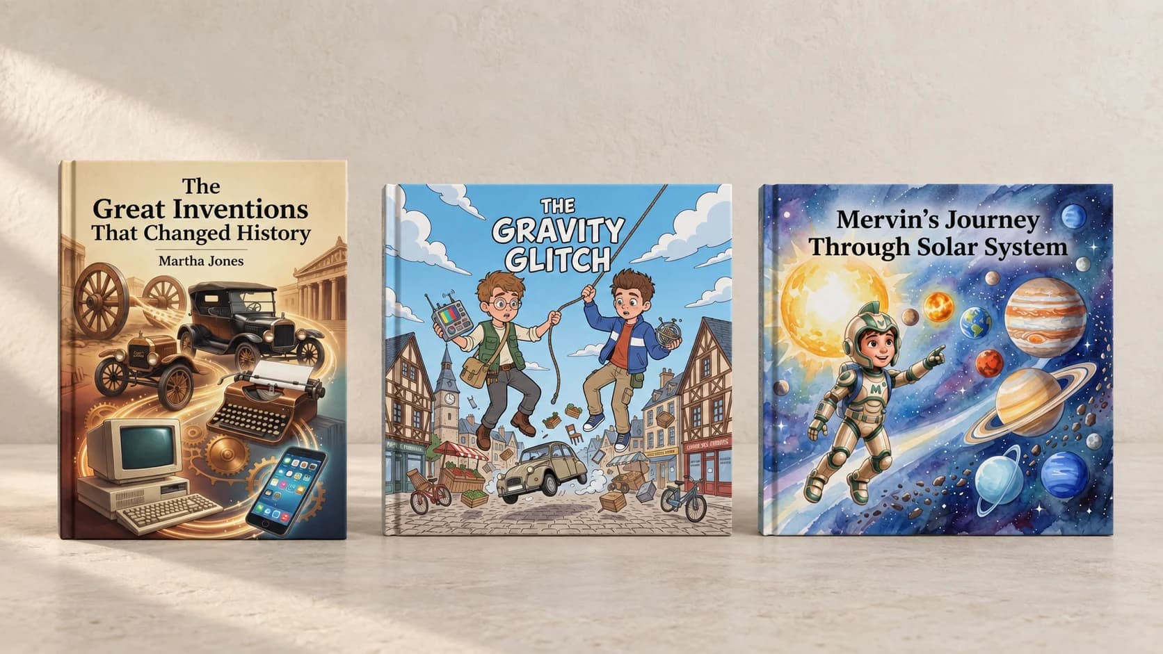 Three science books about inventions, gravity, and the solar system displayed side by side.