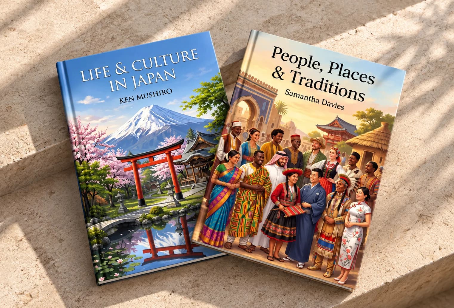 Two culture book covers showing Mount Fuji, cherry blossoms, a red torii gate, and a group of people in traditional clothing.
