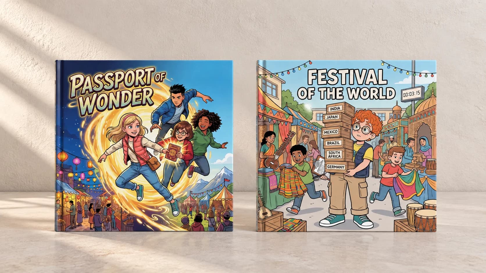 Two culture comic book covers showing children leaping through a golden swirl and a boy beside a signpost at a street festival.