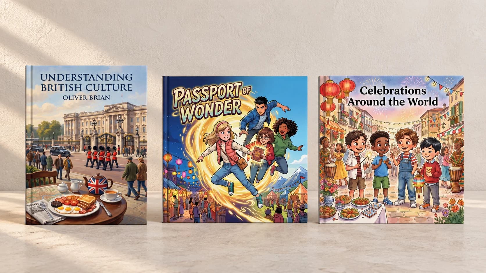 Three culture book covers featuring British landmarks, children on a world adventure, and a street celebration.
