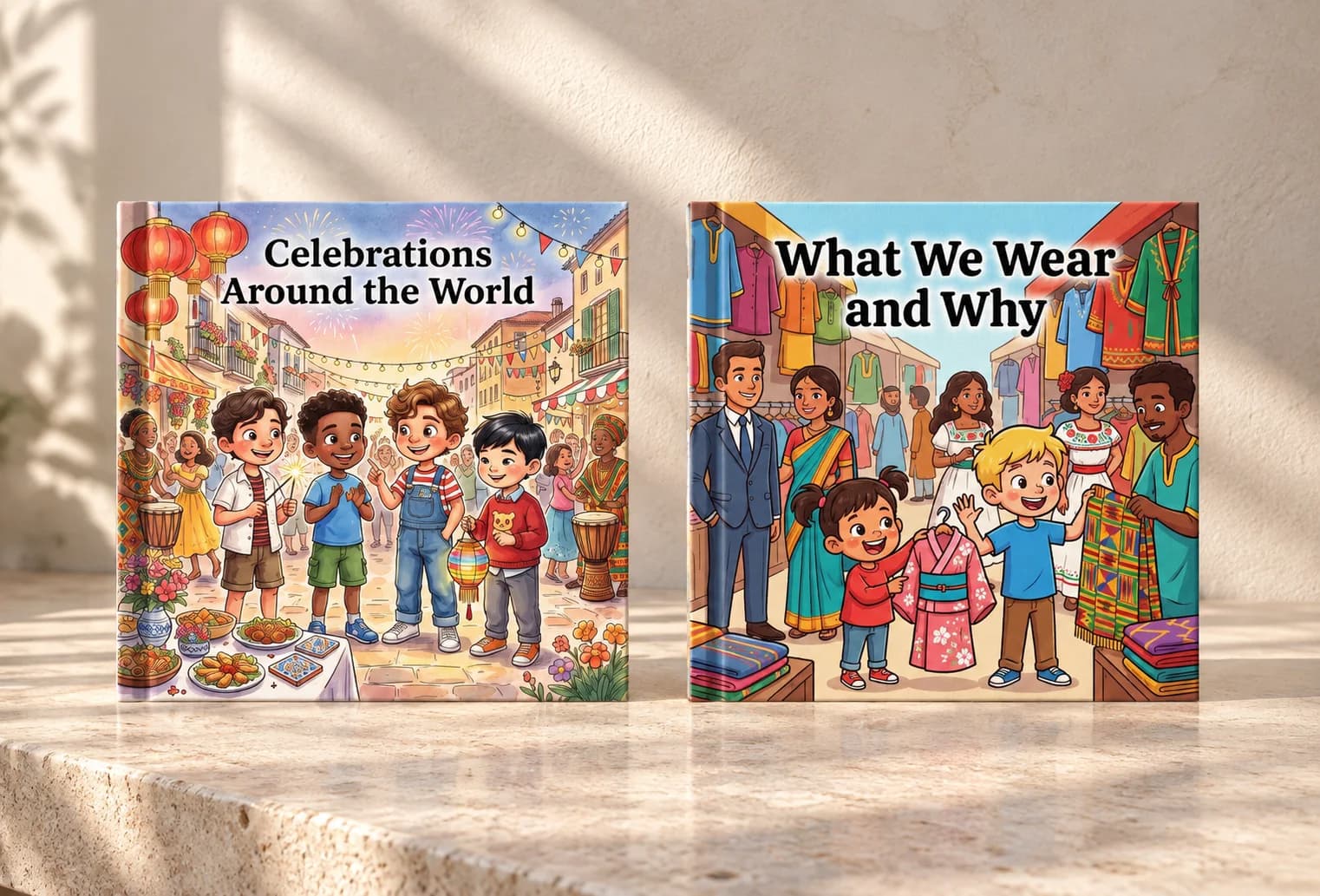 Two culture storybook covers showing children at a street celebration and people wearing traditional clothing from around the world.