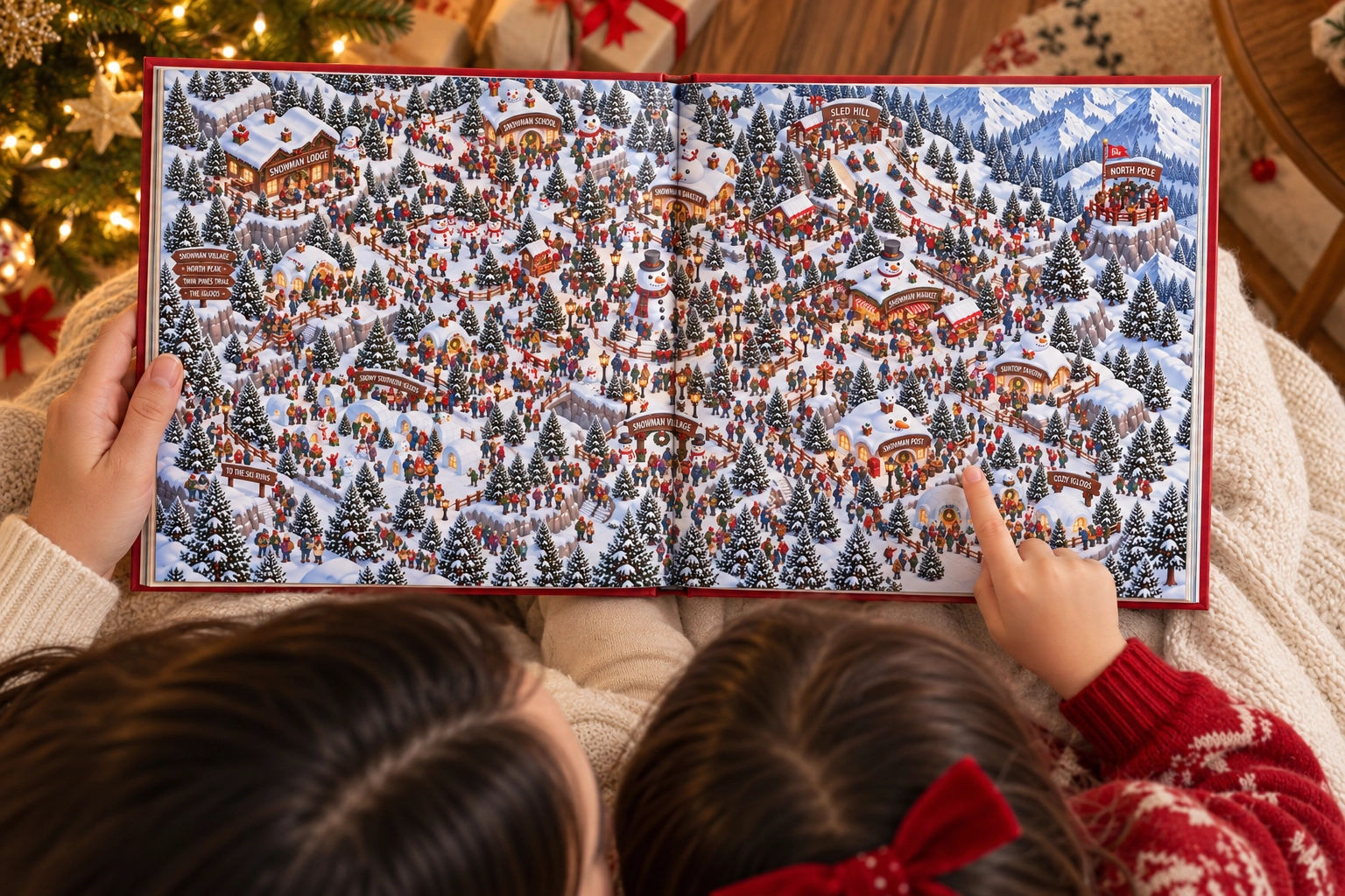 An adult and child searching together in a personalized search-and-find book