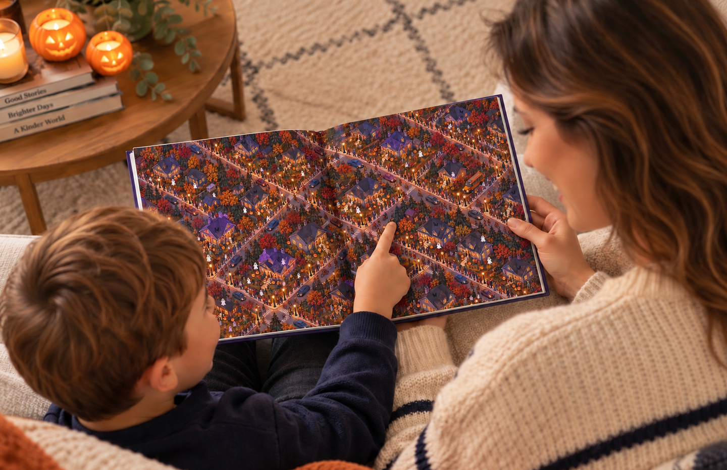 An adult and child searching together in a Halloween search-and-find book